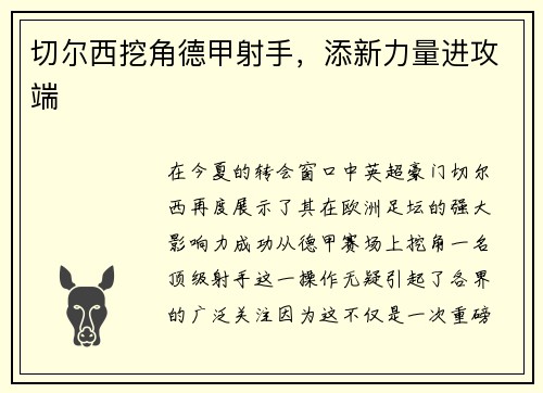 切尔西挖角德甲射手，添新力量进攻端